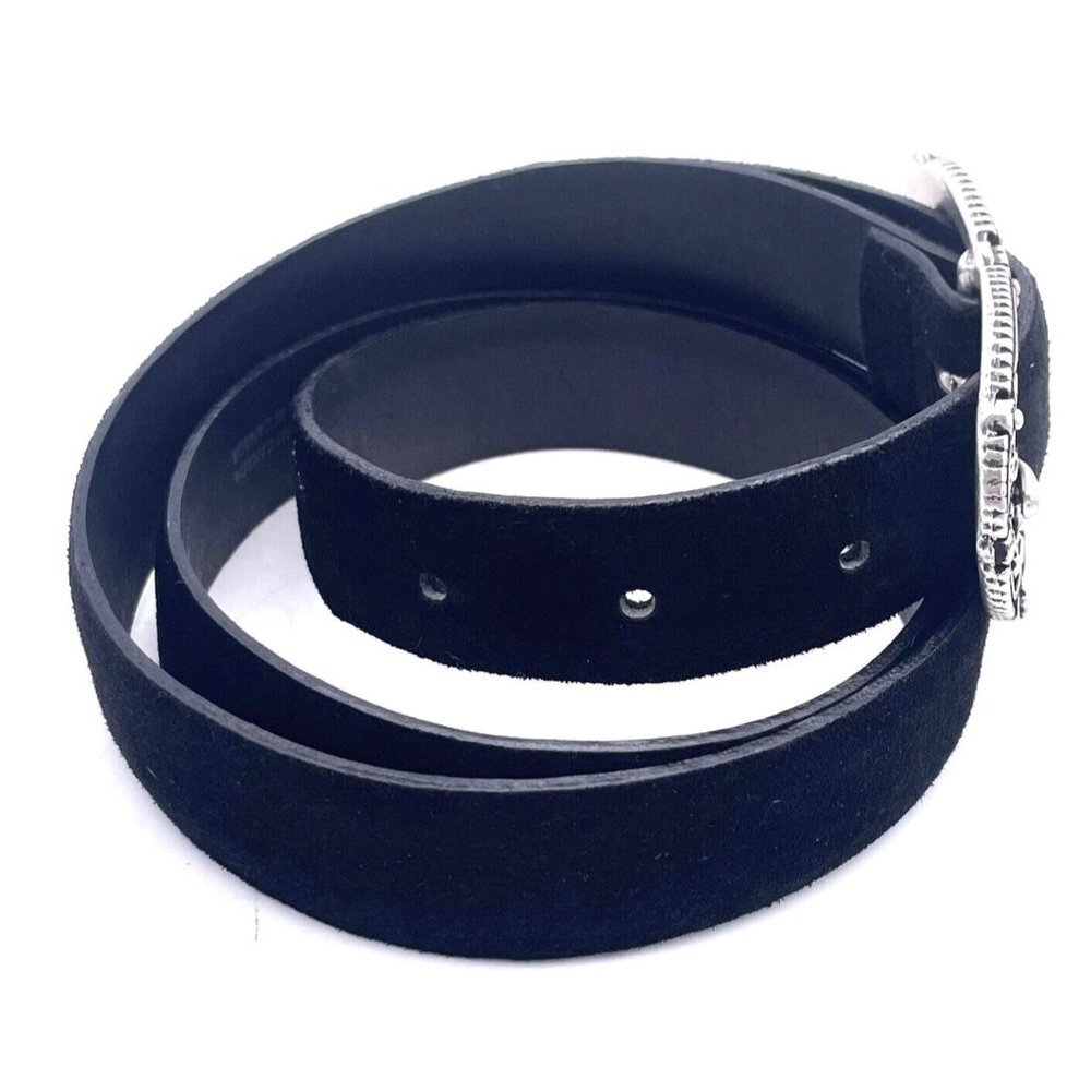 Landes Women Genuine Suede Black Belt Adjustable Floral Silver Tone Buckle Large - Picture 2 of 7